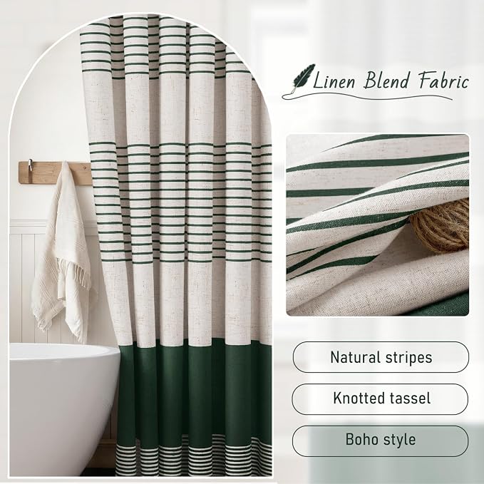 Dark Green Boho Linen Striped Shower Curtain with Tassel 72"W X 72"L | Boho Farmhouse Shower Curtains with Linen Texture for Bathroom Decor