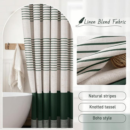 Dark Green Boho Linen Striped Shower Curtain with Tassel 72"W X 72"L | Boho Farmhouse Shower Curtains with Linen Texture for Bathroom Decor