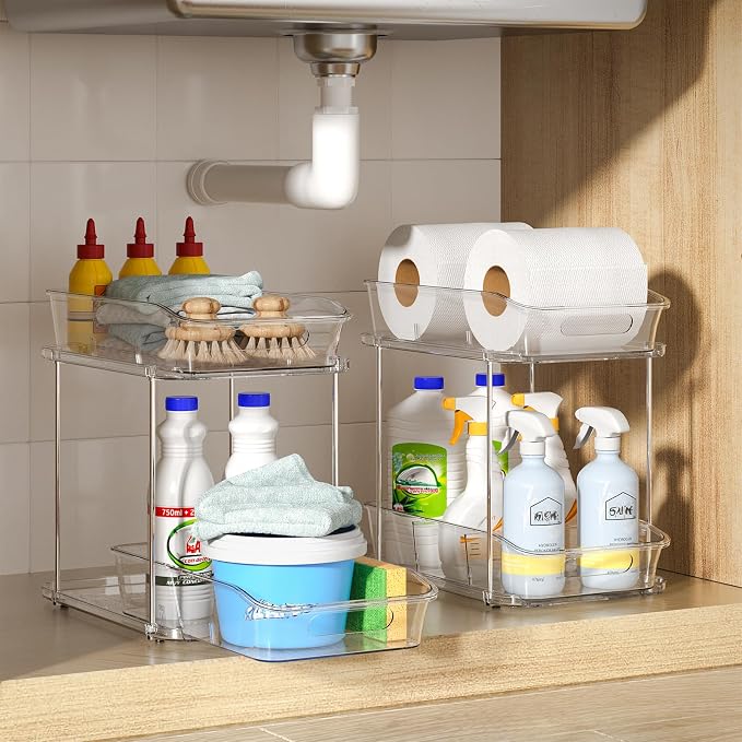 Delamu Bathroom Under Sink Organizers and Storage, 2 Pack, Clear | 2-Tier Multi-Purpose, Stackable, Pull Out Cabinet Kitchen Pantry Organization and Storage with Dividers