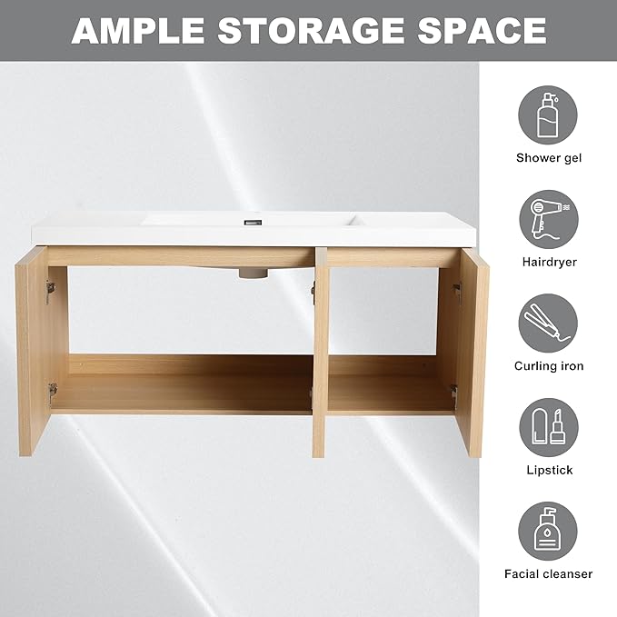 48" Wall Mounted Bathroom Vanity with Resin Sink, Floating Vanity with 3 Soft Closing Doors, Original Oak Plywood (KD-Packing)