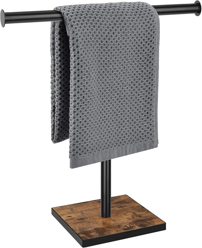 Countertop Hand Towel Holder, T-Shape Hand Towel Stand for Kitchen | Bathroom Hand Towel Rack with Weighted Base, Farmhouse Style, Free Standing, Rustic Black Brown