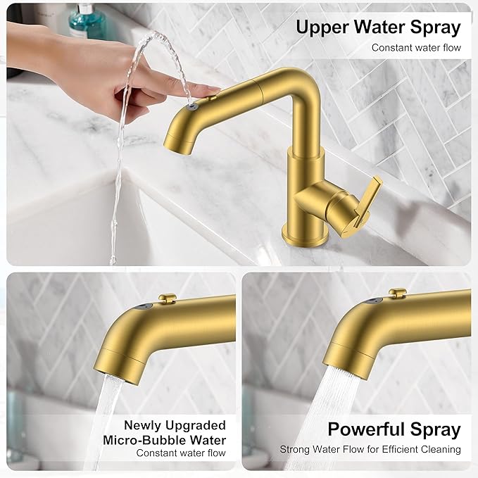 KENES Pull Down Bathroom Faucet with Sprayer, Brushed Gold Single Handle Bathroom Sink Faucet with Pull Out Sprayer, Vanity Bar Faucet with Pop Up Drain & Deck Plate, LJ-9055A-4