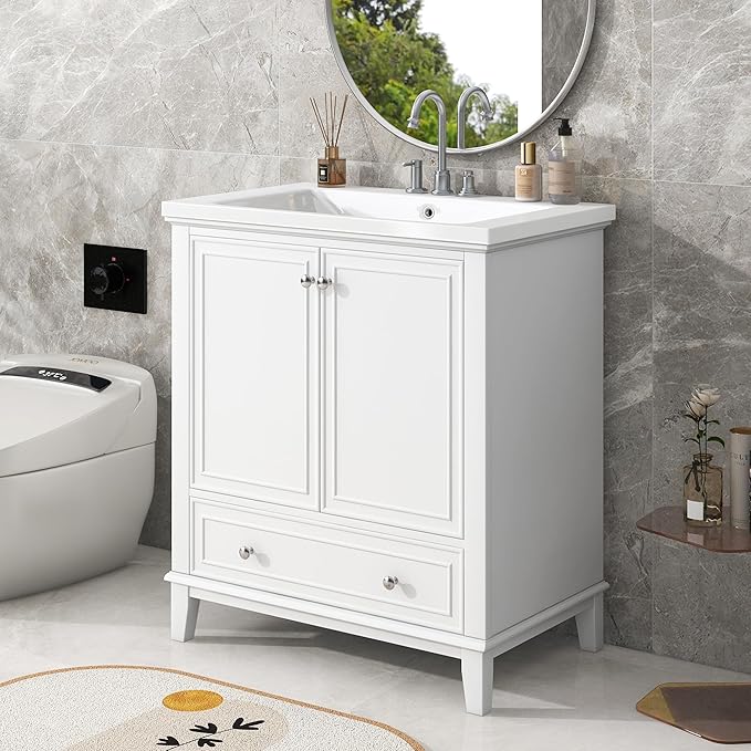 LUMISOL 30" Bathroom Vanity with Sink Set, Modern Single Bathroom Cabinet with Storage Doors and Drawer, Solid Wood Bathroom Vanity with Ceramic Sink, White