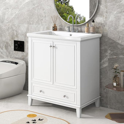 LUMISOL 30" Bathroom Vanity with Sink Set, Modern Single Bathroom Cabinet with Storage Doors and Drawer, Solid Wood Bathroom Vanity with Ceramic Sink, White