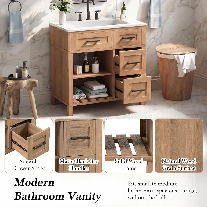 30" Mid-Century Bathroom Vanity with SMC Sink (Natural Wood Style2, 30") | Ample Storage Space with 2 Drawers, Adjustable Shelves & Open Breathable Hollow Shelf, Solid Wood Legs, Matte Black Handles