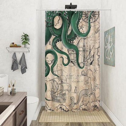 Fungarth Stall Vintage Green Nautical Octopus Shower Curtain Mermaid Funny Ocean Kraken Shower Curtains for Bathroom Cool Anchor Coastal Map Waterproof Fabric Bath Curtain Decor (Retro2, 36” x 72”)