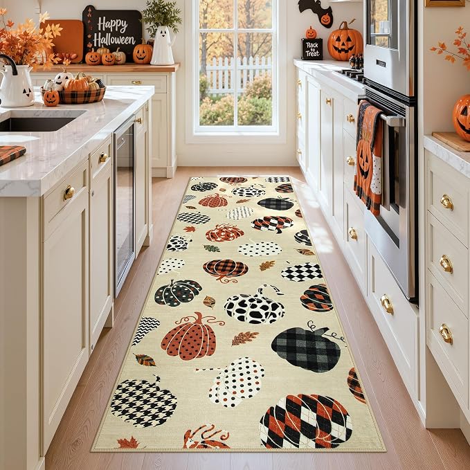 2x6 Beige Halloween Fall Pumpkin Print Hallway Runner Rug for Kitchen | Washable Non-Slip Low-Pile Autumn Thanksgiving Rug for Hallway, Entryway, Bedroom, Bathroom, Halloween Home Decor Indoor Rug