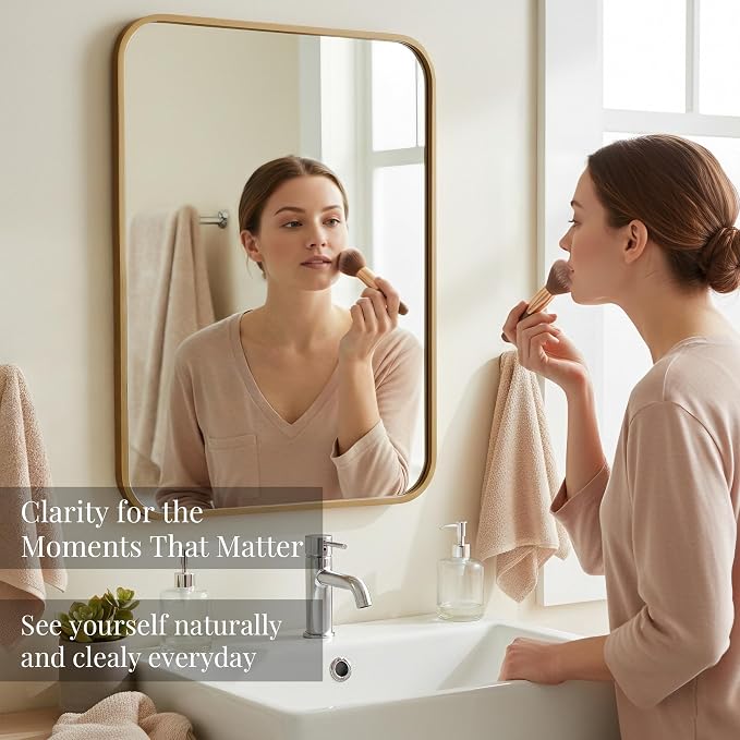 2-Pack 24x36 Inch Antique Gold Rounded Rectangle Vanity Mirrors | Double Vanity or Two Bathrooms, Pair or Separate Use, Iron Frame, Layered Shadow Box Look, Two-Way Mount