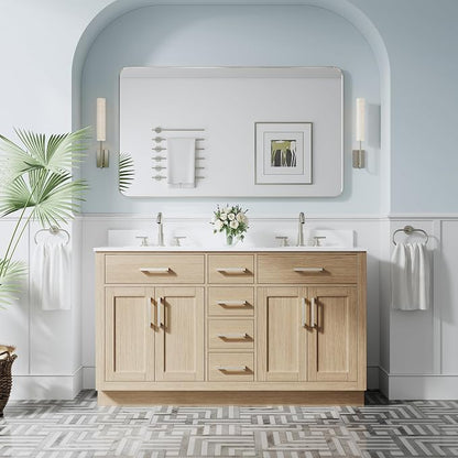 60-Inch Bathroom Vanity with Double Sinks W/ 4 Doors & 4 Drawers & 2 Flip Drawers, Oak Vanity W/Brushed Nickel Handles