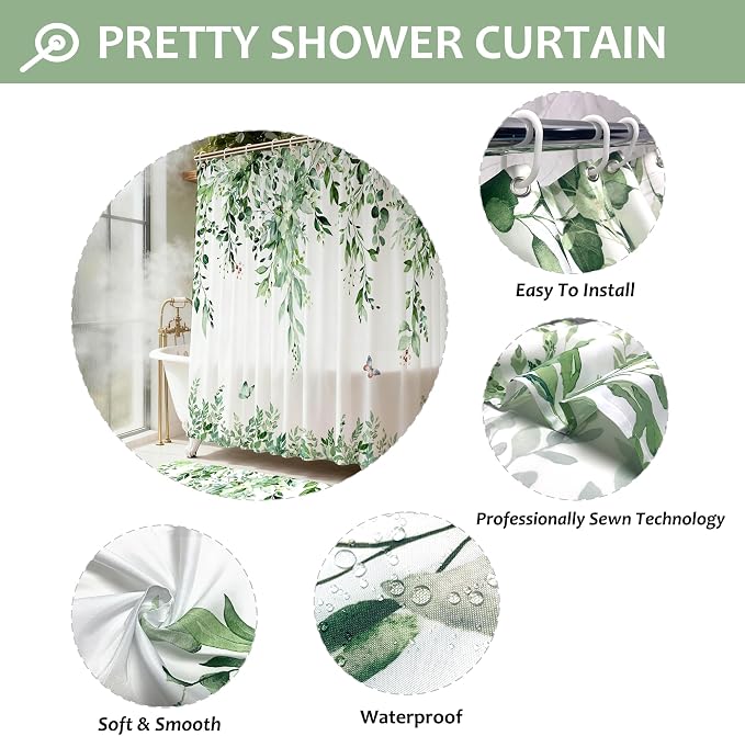 16 Pcs Sage Green Eucalyptus Shower Curtain Set with Rugs | Botanical Leaf Bath Curtains, Quick Absorbent Foam Mats, 120GSM Heavy-Weight Fabric Curtain with 12 Metal Hooks, 72x72 Inch