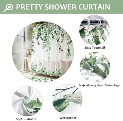 16 Pcs Sage Green Eucalyptus Shower Curtain Set with Rugs | Botanical Leaf Bath Curtains, Quick Absorbent Foam Mats, 120GSM Heavy-Weight Fabric Curtain with 12 Metal Hooks, 72x72 Inch