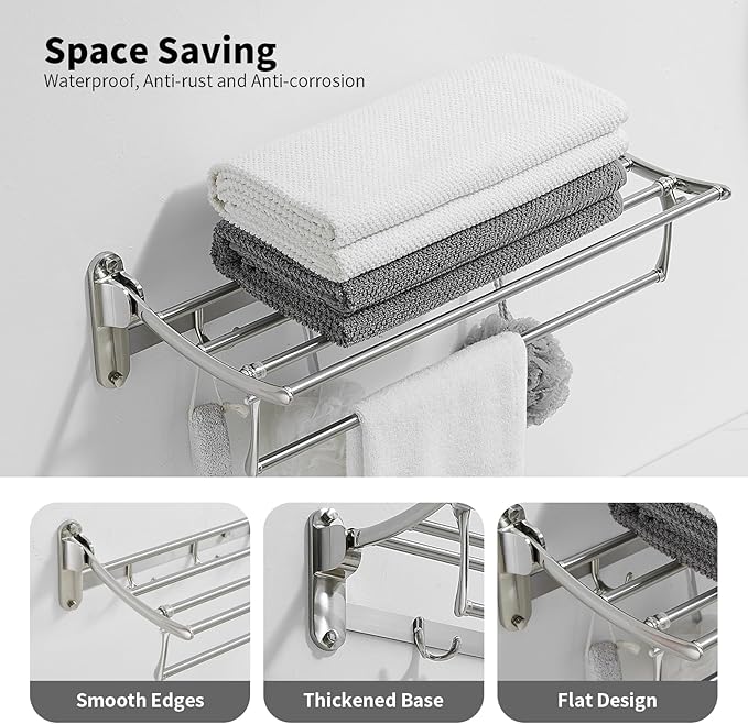 BESy 24 Inch Brushed Nickel Towel Racks, Bathroom Towel Shelf with Foldable Towel Bar Holder and Towel Hooks, Wall Mounted Multifunctional Bathroom Accessories, Double Towel Bars