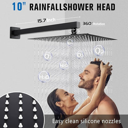10 Inch Rainfall Shower Faucet Single Function Shower Trim Kit with Rough-in Valve Shower Set Square Stainless Steel Metal Touch-Clean Shower Head Matte Black