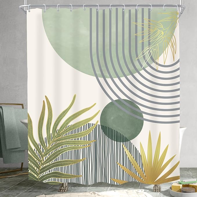 Mid Century Mint Green Boho Abstract Modern Bathroom Shower Curtain Set | 60Wx72L S Plant design, waterproof HD print with fast-drying fabric and 12 hooks.