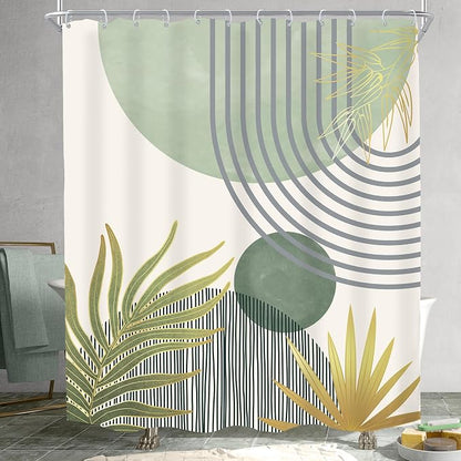 Mid Century Mint Green Boho Abstract Modern Bathroom Shower Curtain Set | 60Wx72L S Plant design, waterproof HD print with fast-drying fabric and 12 hooks.