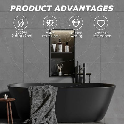 2-Tiers Smart Body Sensor Shower Niche, Black 24"x12" | Recessed Wall Niche with White 3000K LED Light , Waterproof &Rustproof, 304 Stainless Steel Bathroom Cabinet