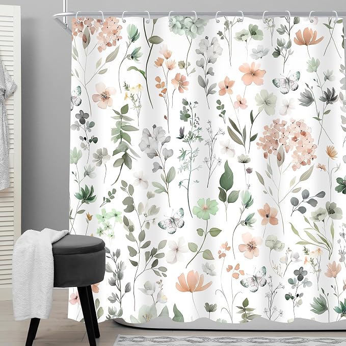 Sage Green Cute Floral Flower Wildflower Summer Bathroom Shower Curtain Set | 72Wx72H Spring Butterfly Plants, waterproof HD printed shower curtain, quick-dry fabric, free hooks for easy installation.