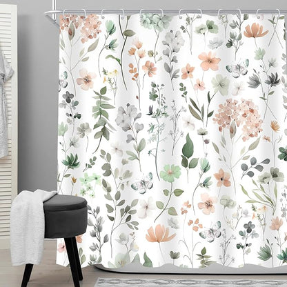 Sage Green Cute Floral Flower Wildflower Summer Bathroom Shower Curtain Set | 72Wx72H Spring Butterfly Plants, waterproof HD printed shower curtain, quick-dry fabric, free hooks for easy installation.