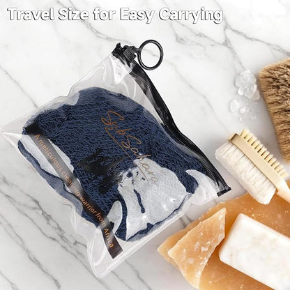 Authentic African Net Sponge, 2 Pack 45-Inch Exfoliating Bath Sponge and Shower Loofah for Body and Back, Colorfast Quick-Dry Knotted Mesh Scrubber with Travel Pouch (Navy Blue & Brown)