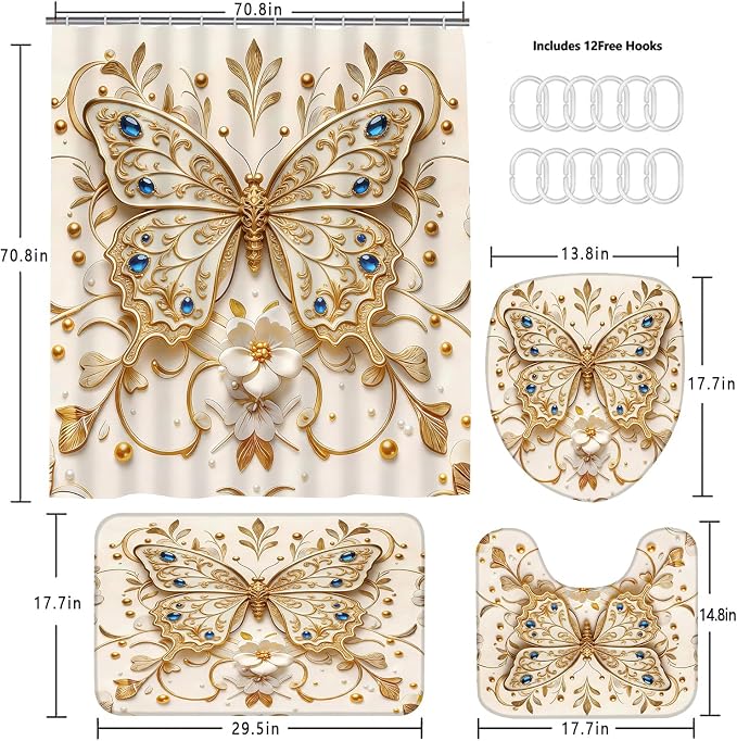 Chrainy 4pcs Golden Butterfly Shower Cutain Set Bathroom Decor Accessories | Waterproof Floral Bath Curtain for Bathroom Washroom 71*71 in with Non-Slip Rug, U-Shaped Mat, Toilet Lid Cover and 12 Hooks