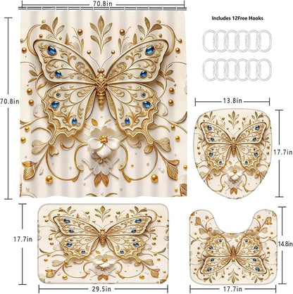 Chrainy 4pcs Golden Butterfly Shower Cutain Set Bathroom Decor Accessories | Waterproof Floral Bath Curtain for Bathroom Washroom 71*71 in with Non-Slip Rug, U-Shaped Mat, Toilet Lid Cover and 12 Hooks