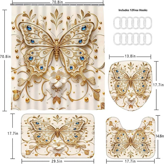 Chrainy 4pcs Golden Butterfly Shower Cutain Set Bathroom Decor Accessories | Waterproof Floral Bath Curtain for Bathroom Washroom 71*71 in with Non-Slip Rug, U-Shaped Mat, Toilet Lid Cover and 12 Hooks