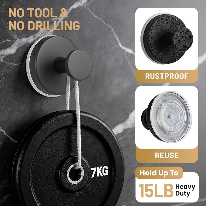 Suction Cup Hooks for Shower No-Drill Bathroom Hooks for Towels, Robes, Loofah Mountable on Bathroom Walls, Kitchen, Glass, Mirrors, Tile and Smooth,Non-Porous Surfaces (4, Matte Black)