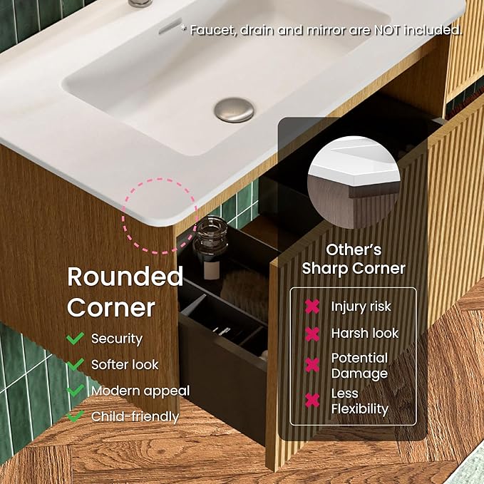 30 Inch Bathroom Vanity with Sink, Modern Floating Vanity with Push Open Drawer, Large Storage for Small Space, Apartment, Hotel, Natural Oak, Fully Assembled - Camellia Collection