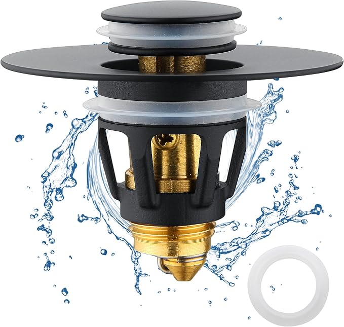 Black Bathroom Sink Drain Stopper, Sink Stopper Fits for 1.25" Drain Hole with 3 Rubber Rings, Anti Clogging Pop up Drain Filter Plug, Wash Basin Strainer with Basket, Matte Black
