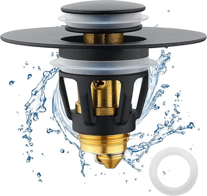 Black Bathroom Sink Drain Stopper, Sink Stopper Fits for 1.25" Drain Hole with 3 Rubber Rings, Anti Clogging Pop up Drain Filter Plug, Wash Basin Strainer with Basket, Matte Black