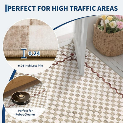 Garvee Washable Coquette 9x12 Area Rug for Living Room Neutral Non Slip | Checkered Cherry Soft Large Bedroom Rugs Farmhouse Low Pile Foldable Stain Resistant Carpet for Nursery Grils Classroom
