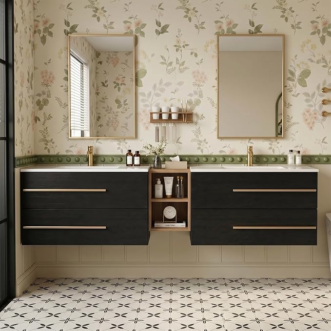 84 Inch Floating Double Sink Bathroom Vanity with Sink Combo, Modern Wall-Mounted Vanities Cabinet with Large Soft-Closing Drawers, Double Vanity Sinks for Bathrooms, Black&Natural