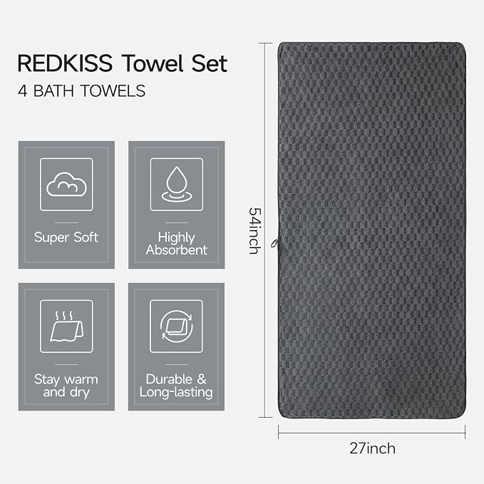 REDKISS 4 Pack Charcoal Gray Microfiber Bath Towels - Large Shower Towels Set for Bathroom, Super Absorbent Towel Set of 4 Lagre, Quick Dry Bathroom Towel for Spa, Gym,Travel, Lint Free, Ultra Soft