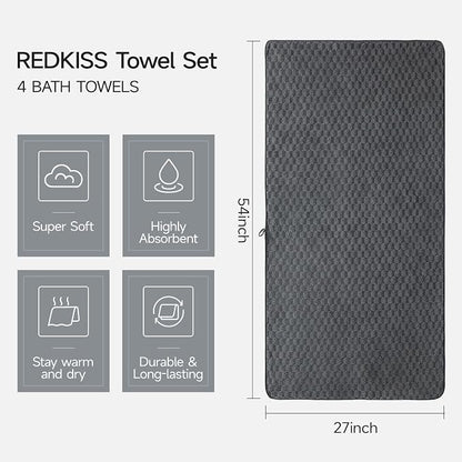 REDKISS 4 Pack Charcoal Gray Microfiber Bath Towels - Large Shower Towels Set for Bathroom, Super Absorbent Towel Set of 4 Lagre, Quick Dry Bathroom Towel for Spa, Gym,Travel, Lint Free, Ultra Soft