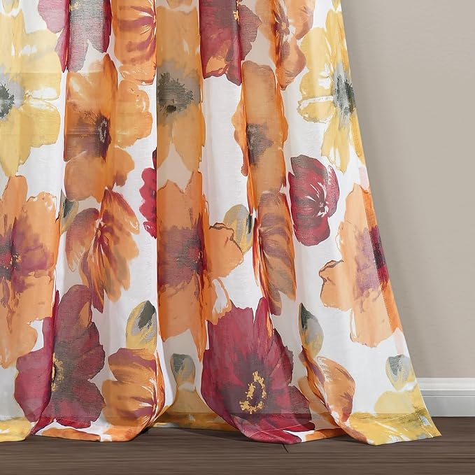 Lush Decor Leah Floral Sheer Window Curtain Panels Pair 52"W x 84"L Red & Orange - Floral Curtains for Bedroom - Sheer Curtains for Living Room