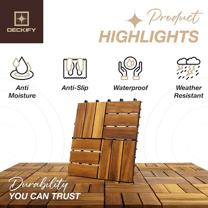 9-Piece Acacia Wood Interlocking Deck Tiles, Golden Teak Crossed | 12-Slat Cross Drainage, Non-Slip Grip, 490 lb Capacity, Protective Oil-Rubbed Finish, Flat-Surface Install, Patio Ready