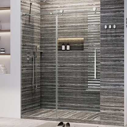Shower Glass Door with Waterroof Seal Strip (56-60" W x 75 "H), Frameless Shower Sliding Door with Clear SGCC Tempered Glass 5/16" (8mm), Stainless Steel Hardware, Silver