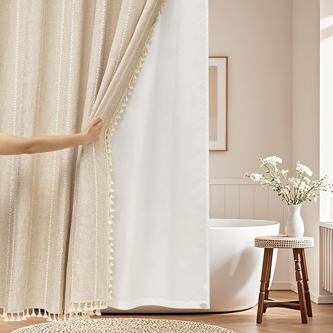 Seenus Boho Farmhouse Shower Curtain and Fabric Liner Set, Heavyweight Linen Textured Fabric Shower Curtain Beige with Tassels, 2 in 1 Waterproof Fabric Shower Curtain Set for Bathroom, 72x72 Inch