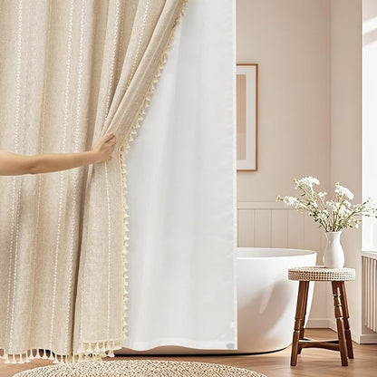 Seenus Boho Farmhouse Shower Curtain and Fabric Liner Set, Heavyweight Linen Textured Fabric Shower Curtain Beige with Tassels, 2 in 1 Waterproof Fabric Shower Curtain Set for Bathroom, 72x72 Inch