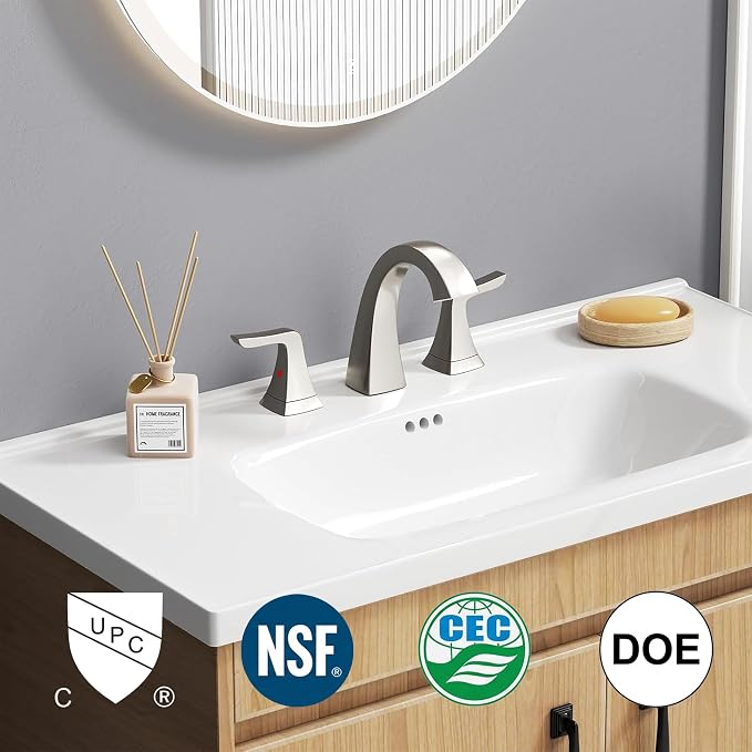 SR SUN RISE Bathroom Sink Faucet 8 in, 3 Hole, NSF Certified,Brushed Nickel | Come with Pop-up Drain Assembly, 2 Handles, 2 Water Supply Lines, Widespread Sink Faucet for Vanity, RV, and Bathroom