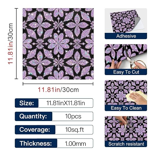 Purple Sparkle Geometric Peel and Stick Floor Tiles 12x12 Inch 10PCS | Purple floral geometric pattern with a printed sparkle look vinyl tiles for kitchen bathroom entryway and indoor decor