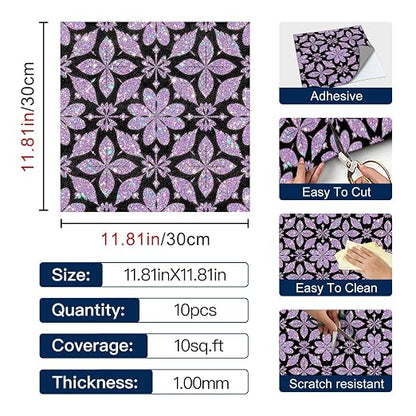 Purple Sparkle Geometric Peel and Stick Floor Tiles 12x12 Inch 10PCS | Purple floral geometric pattern with a printed sparkle look vinyl tiles for kitchen bathroom entryway and indoor decor