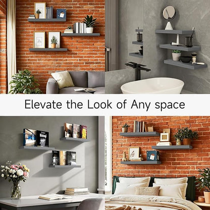 BAYKA Grey Floating Shelves 15.7in, Set of 3, Wall Mounted for Wall Decor | Easy Install, 22lbs Max Load, Hidden Bracket, Shelving for Bathroom Bedroom Kitchen Display Storage, Multi-Wall Compatible