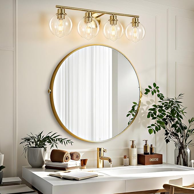 Bathroom Vanity Light, 29.5 Inch Modern Wall Sconce with Clear Glass Shade, 4-Light Gold Over Mirror Vanity Lighting for Bathroom