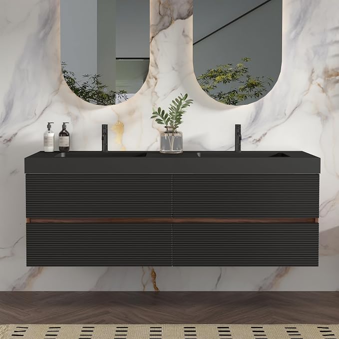 60" Pre-Assembled Floating Vanity with Double Sink, Walnut+Black | Modern Floating Double Sink Bathroom Vanity with Integrated Black Engineered Stone Top & Soft-Closing Drawers