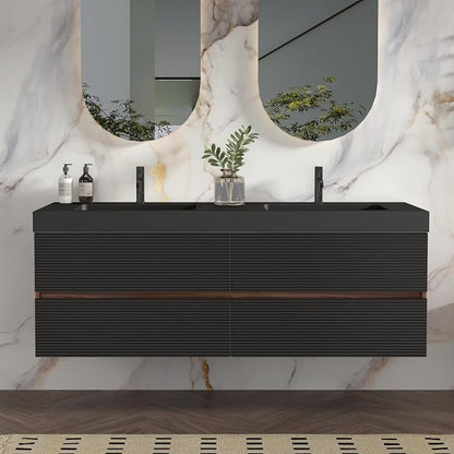 60" Pre-Assembled Floating Vanity with Double Sink, Walnut+Black | Modern Floating Double Sink Bathroom Vanity with Integrated Black Engineered Stone Top & Soft-Closing Drawers