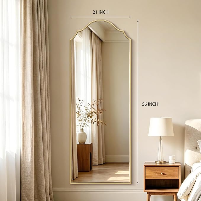 Besdomus Scalloped Full Length Mirror: 21"x56" Gold Arched Floor Mirror | Modern Minimalist Wooden Frame Body Long Mirror for Wall/Bedroom/Cloakroom/Entryway/Living Room - Home Decor for Housewife