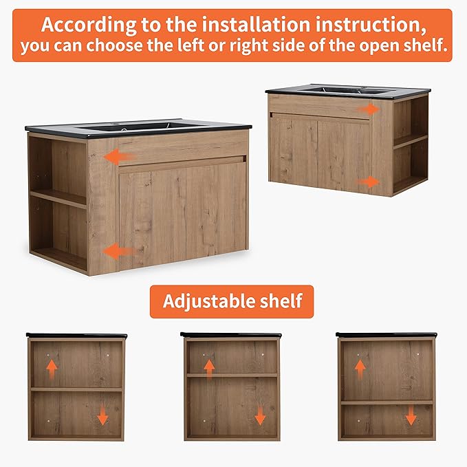 Goujxcy 30" Wall Mounted Bathroom Vanity with Sink, Modern Floating Bathroom Cabinet with Black Ceramic Basin and Storage Cabinet/Shelf, Soft-Closing Door Wood Hanging Bath Room Cabinets
