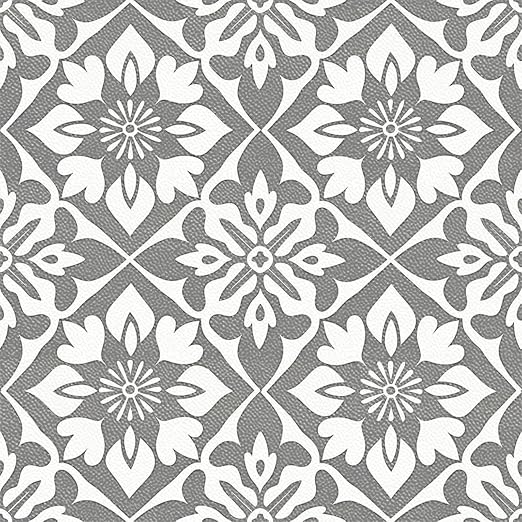 Gray White Floral Geometric Peel and Stick Floor Tiles 12x12 Inch 10PCS | Gray and white floral geometric pattern vinyl floor stickers for kitchen bathroom entryway and indoor home decor