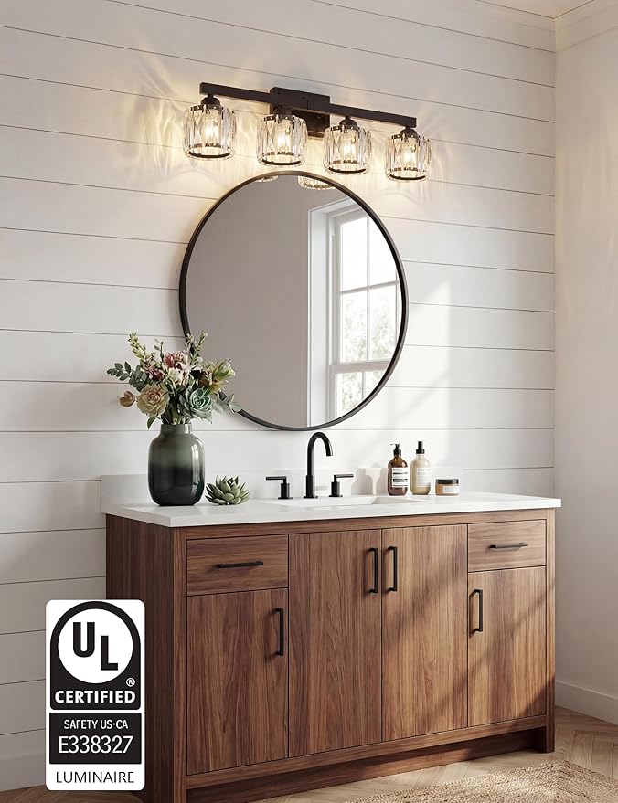 VOLISUN Crystal Vanity Lights for Bathroom, 4 Light Bathroom Vanity Light, Modern Matte Black Bathrooms Light Over Mirror, Black Bathrooms Lights Fixtures-UL Certificated(Exclude Bulb)
